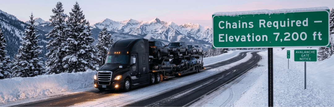 Car carrier on a snowy mountain road under a sign reading Chains Required, Elevation 7,200 ft