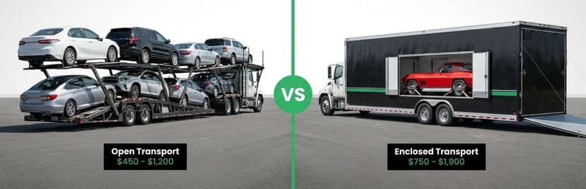 Open car carrier loaded with sedans versus an enclosed trailer holding a red sports car, with price labels