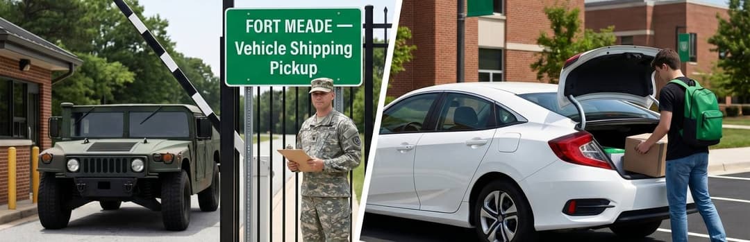 Soldier at a Fort Meade vehicle shipping pickup gate beside a Humvee, and a student loading a white sedan trunk