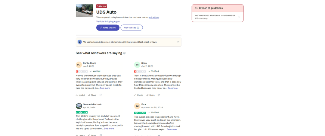 Screenshot of UDS Auto customer reviews page showing what reviewers are saying