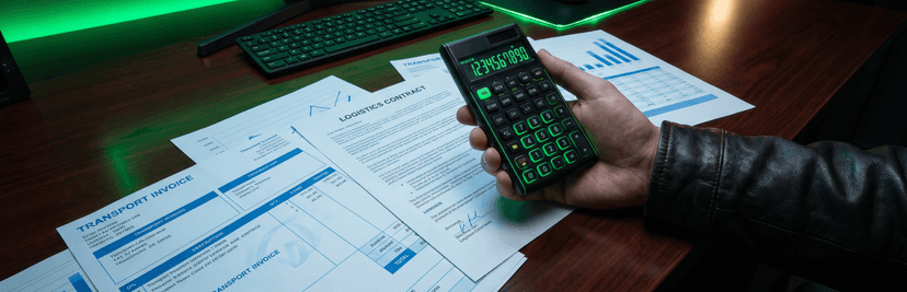 Hand holding a calculator over printed classic car transport quotes and invoices on a desk