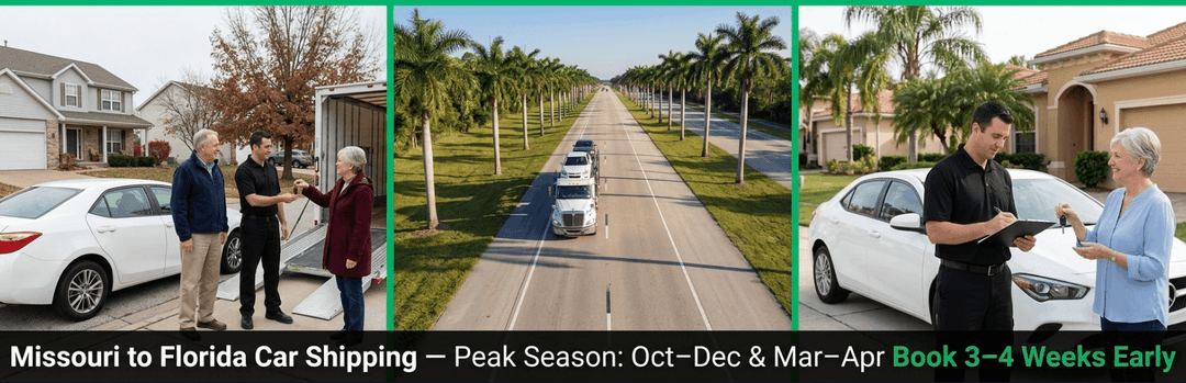 Missouri to Florida car shipping scenes, peak season Oct to Dec and Mar to Apr, book 3 to 4 weeks early