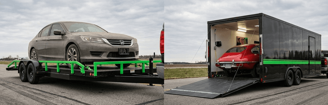 Silver sedan on an open flatbed trailer beside a red sports car inside an enclosed trailer