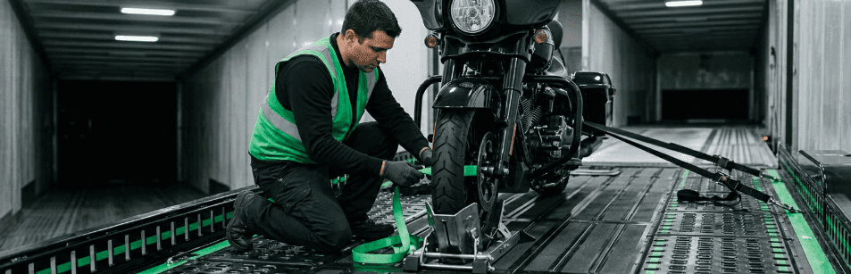 Technician kneeling inside an enclosed trailer, tightening wheel chocks and straps on a motorcycle