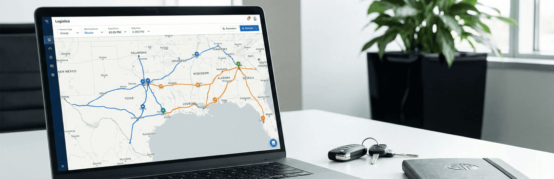 Laptop on a desk showing a route map with blue and orange lines between Texas and Georgia, with car keys beside it