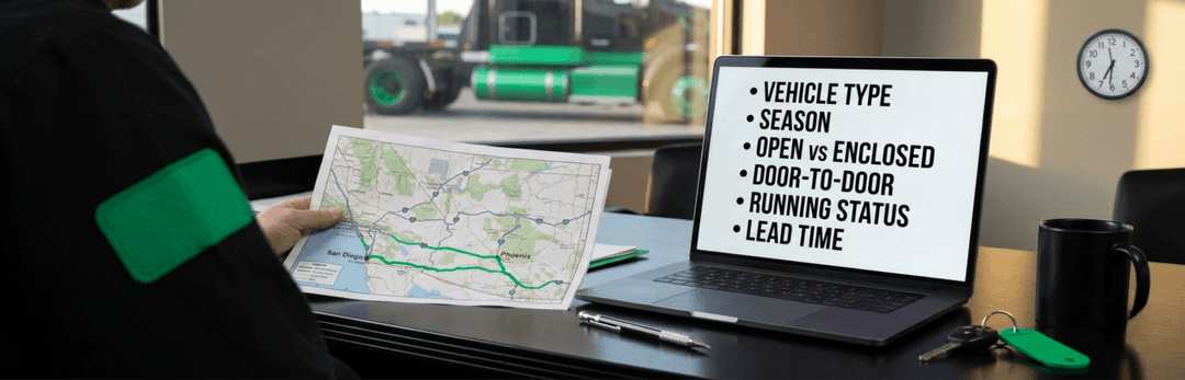 Route map and laptop listing quote factors: vehicle type, season, open vs enclosed, running status, lead time