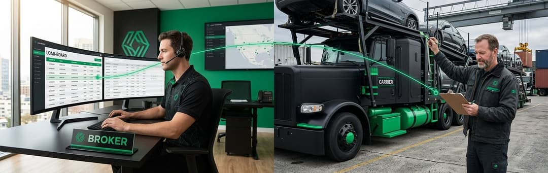 Split view of a broker at a computer desk and a carrier driver with a clipboard by a car hauler