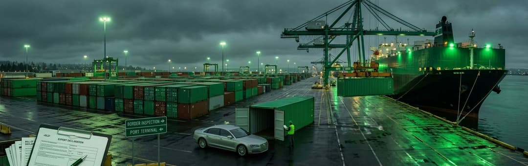 Silver sedan on a rainy container port dock next to a cargo ship and cranes