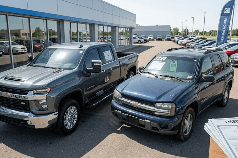 Gray pickup truck and blue SUV parked at a dealership lot with a used car price sheet in front