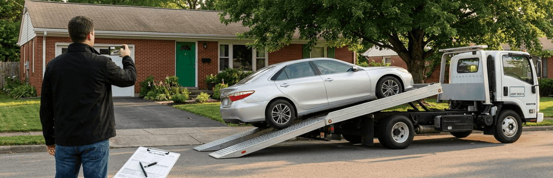 Man photographing a silver sedan being loaded onto a flatbed tow truck in front of a brick house