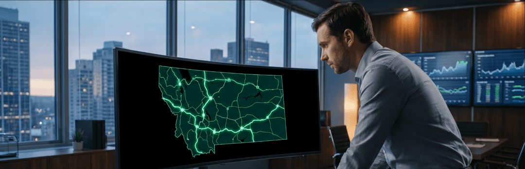 Broker in an office studying a large screen showing a Montana map with highlighted shipping routes