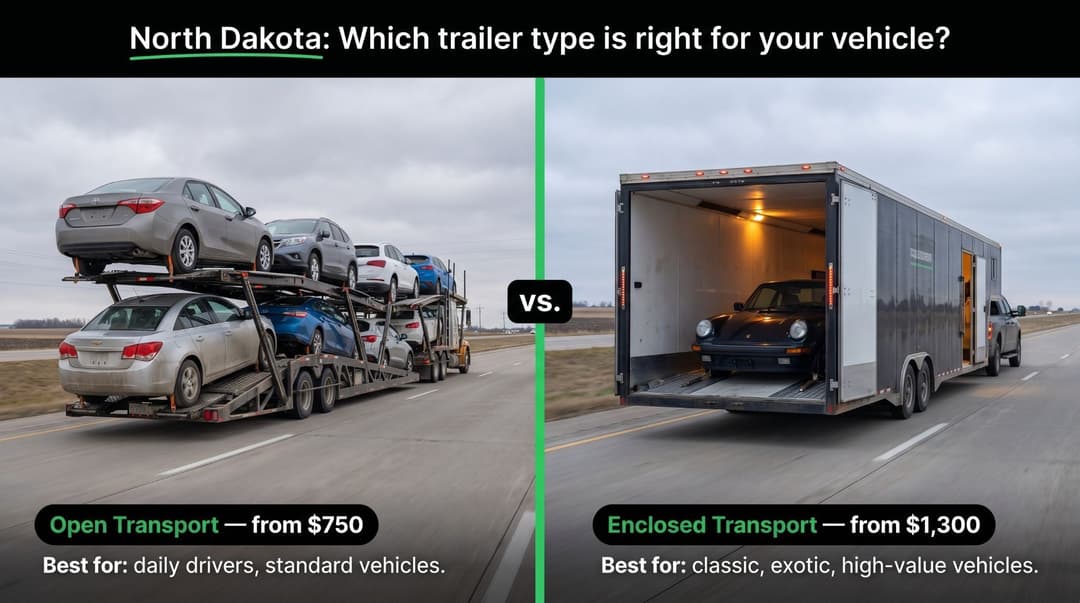 North Dakota trailer comparison: open transport from $750 versus enclosed transport from $1,300