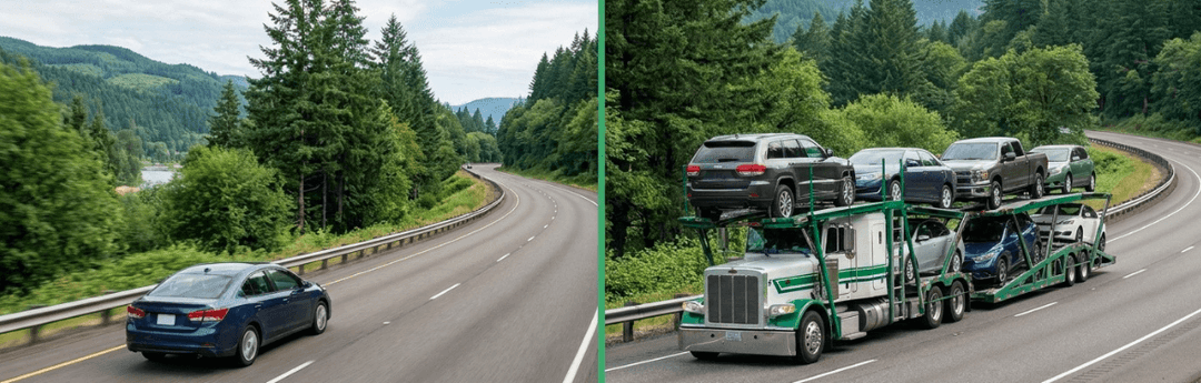 Side-by-side of a car driving the forested I-5 and a loaded car carrier on the same highway