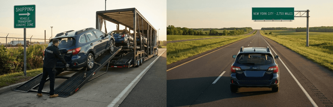 Split view of an SUV being loaded onto an enclosed trailer and the same SUV driven on a highway