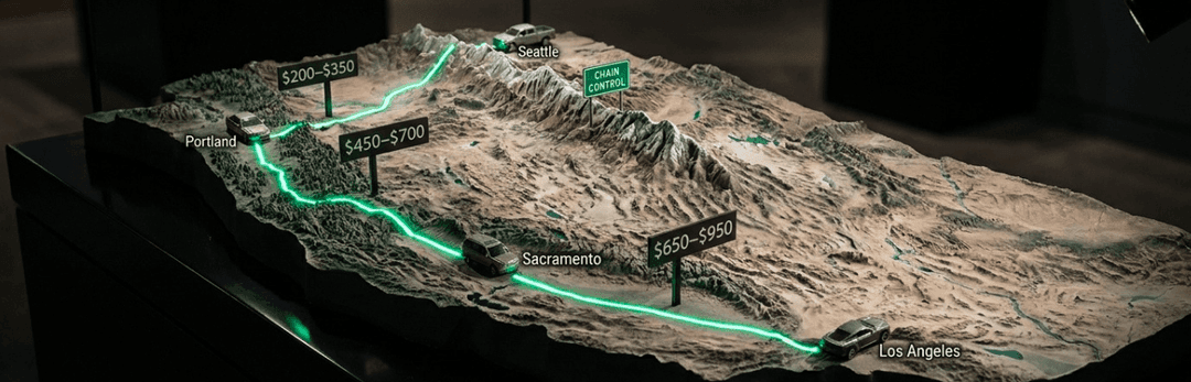 3D terrain map of the I-5 corridor from California through Oregon with route price tags