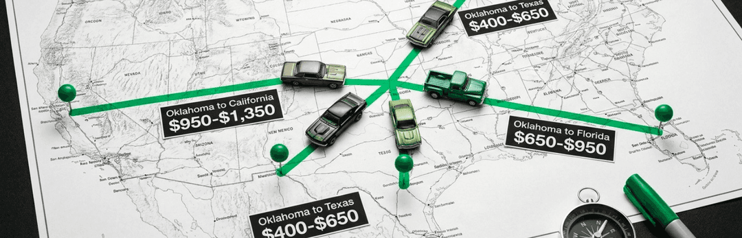 Map of Oklahoma routes: to Texas $400 to $650, to California $950 to $1,350, to Florida $650 to $950