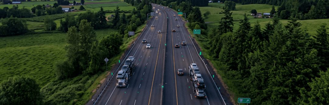 Aerial view of trucks on a multilane interstate cutting through green Washington forest