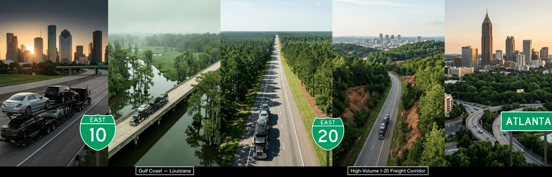 Route panels from Houston along I-10 through Gulf Coast bayous and I-20 forests to the Atlanta skyline