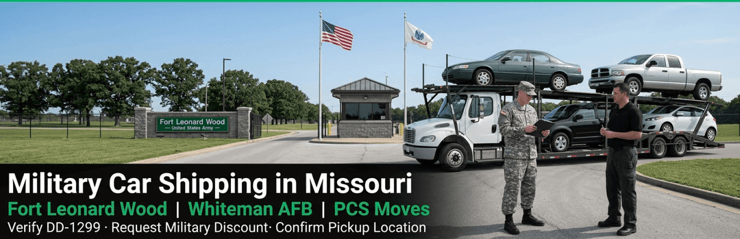 Military car shipping in Missouri: soldier and driver by a carrier at Fort Leonard Wood and Whiteman AFB