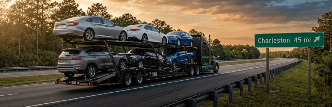 Loaded car carrier on a South Carolina highway at sunset by a sign for Charleston 45 mi