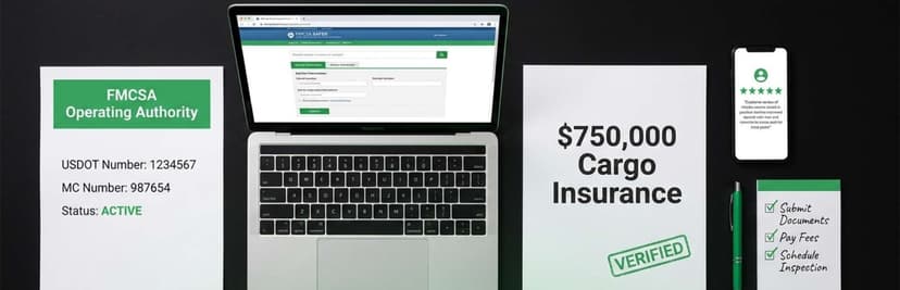 FMCSA operating authority sheet, laptop, and a verified $750,000 cargo insurance certificate on a desk