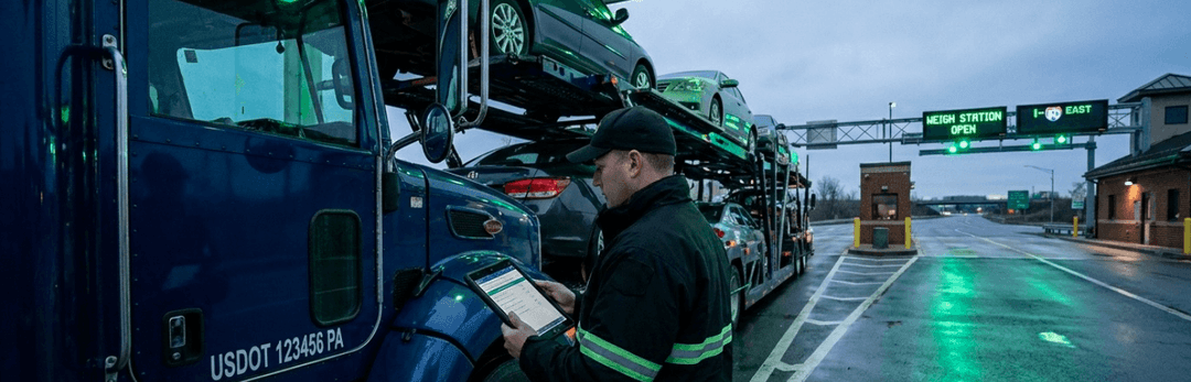 Driver with a tablet beside a car carrier marked with a USDOT number at a weigh station checkpoint