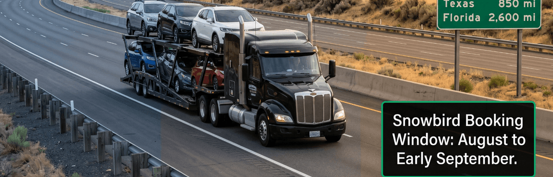 Car carrier on a highway under Texas 850 mi and Florida 2,600 mi signs, snowbird booking August to early September