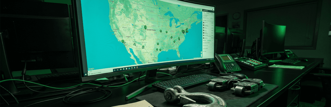 Dispatch desk monitor showing a US map with carrier locations, with tow straps and gear on the desk