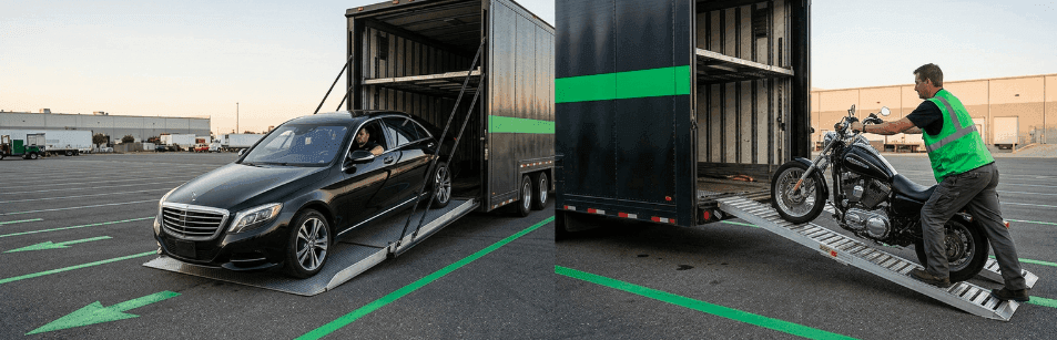 Black luxury sedan on an enclosed trailer ramp beside a worker loading a motorcycle up a second ramp