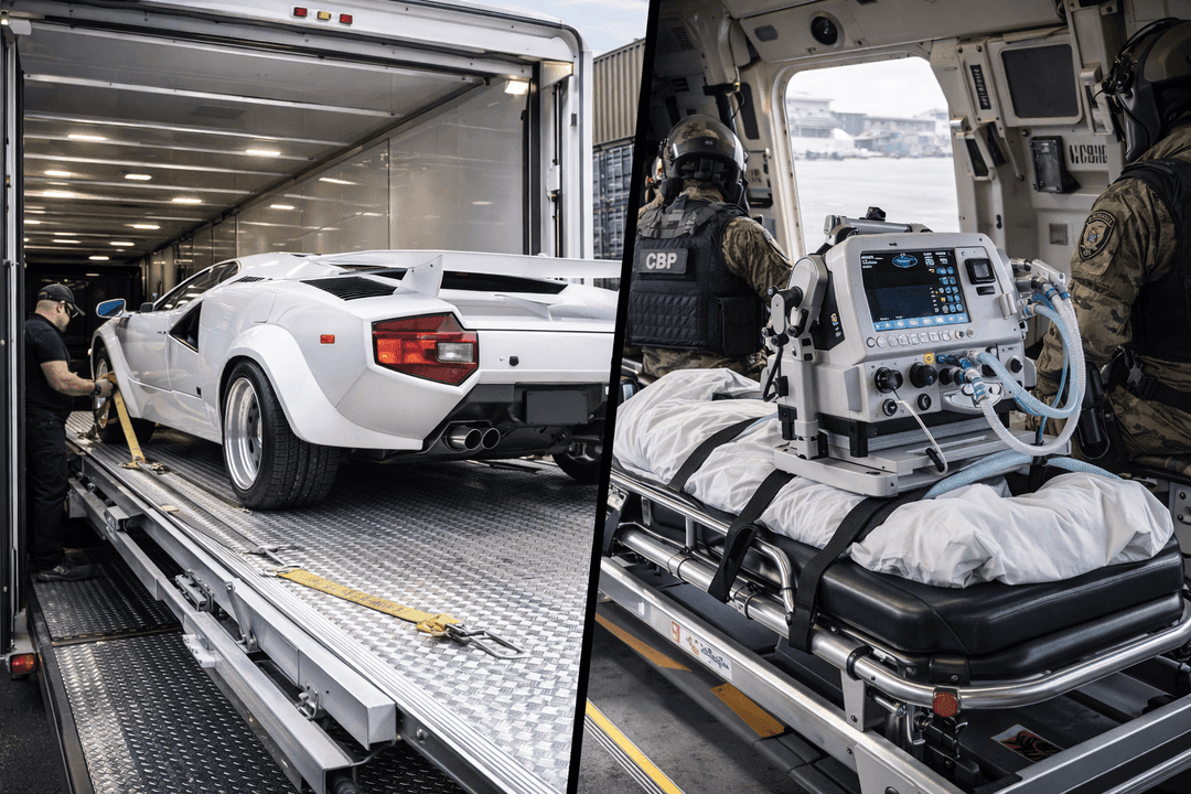 White Lamborghini Countach in an enclosed trailer beside a covered vehicle secured with straps and monitors
