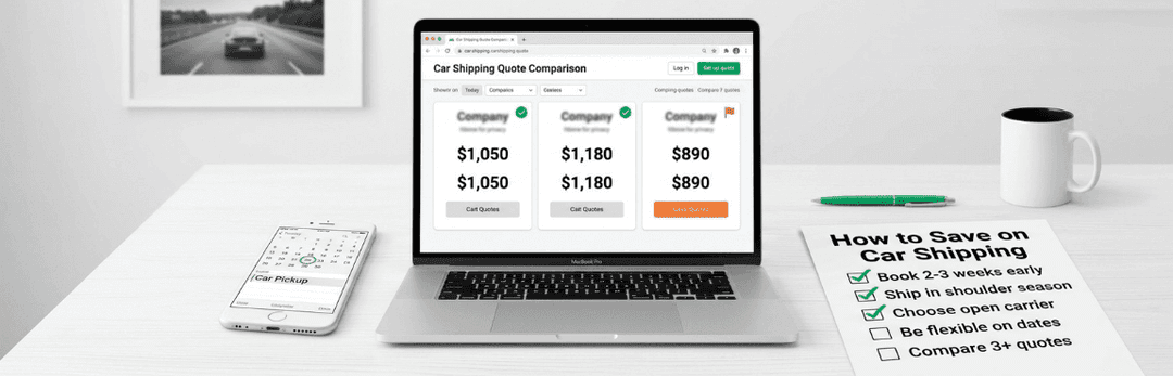 Laptop comparing car shipping quotes of $1,050, $1,180 and $890 next to a How to Save on Car Shipping checklist