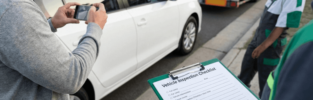 Customer photographing a white car while a driver holds a vehicle inspection checklist on a clipboard
