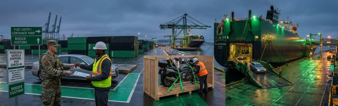 Soldier and port worker with paperwork, a crated motorcycle and a car ferry at a port terminal