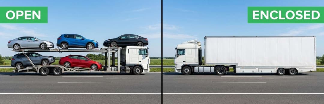 Side-by-side comparison of an open car carrier loaded with cars and a fully enclosed white trailer