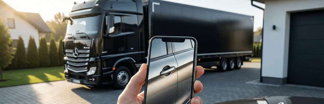 Hand holding a phone photographing a black semi truck in a driveway before handing over the keys