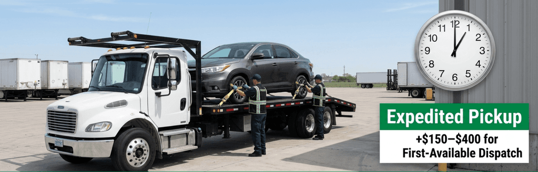 Flatbed hauler loading a sedan beside a clock and label: expedited pickup adds $150 to $400