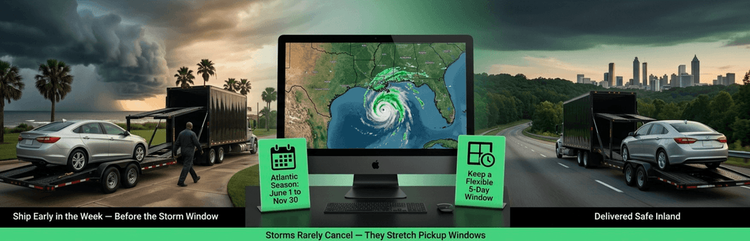 Car carrier leaving Houston under storm clouds, a hurricane radar screen, and a sedan delivered safe inland