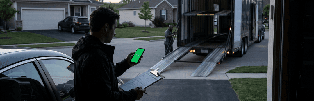 Man checking his phone with a clipboard by a sedan as an enclosed carrier lowers its ramp in a driveway