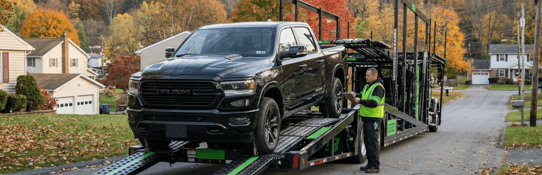 Worker in a green vest beside a black pickup truck being loaded onto a carrier on a suburban street