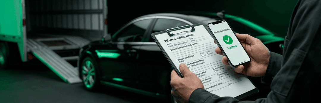 Hands holding a vehicle condition report and a phone showing a verified check beside a car being loaded