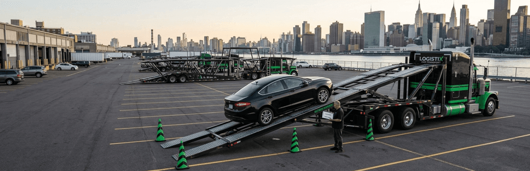 Car carrier unloading a sedan at a waterfront terminal lot with the Manhattan skyline behind