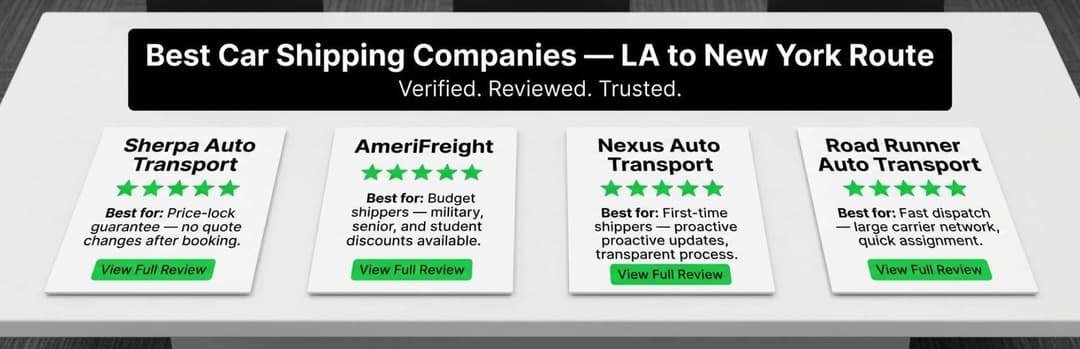 Best car shipping companies on the LA to New York route: Sherpa, AmeriFreight, Nexus and Road Runner with ratings