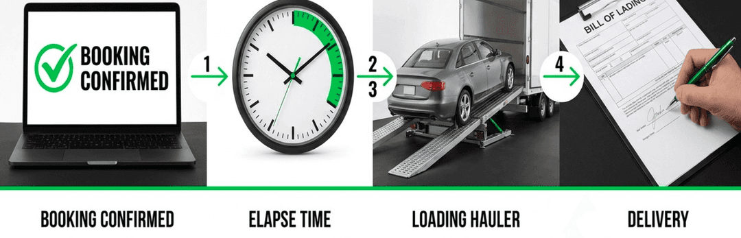 Four-step timeline: booking confirmed, elapsed time, loading the hauler and delivery paperwork