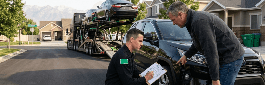 Driver with a clipboard and the owner inspecting an SUV at a curb before loading onto a car carrier