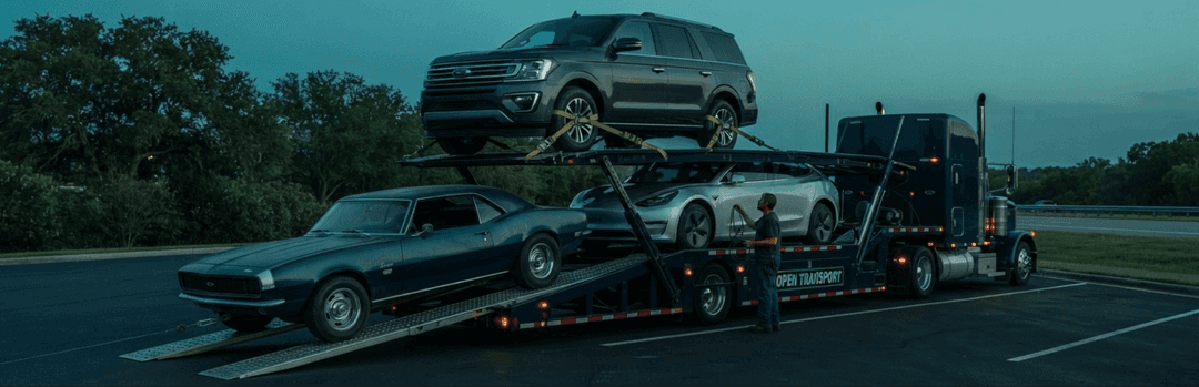 Car carrier hauling a large SUV, a sedan and a non-running car being winched up the ramp at dusk