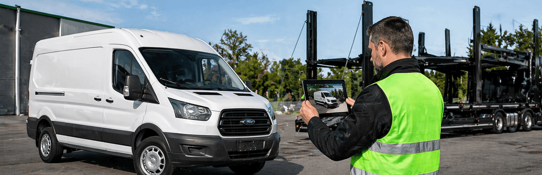 Inspector in a safety vest photographing a white Ford Transit cargo van with a tablet before shipment