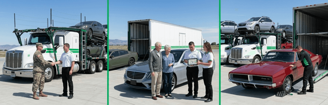 Three Idaho shipping situations: a soldier shaking hands with a driver, a retired couple with a sedan, a red classic car