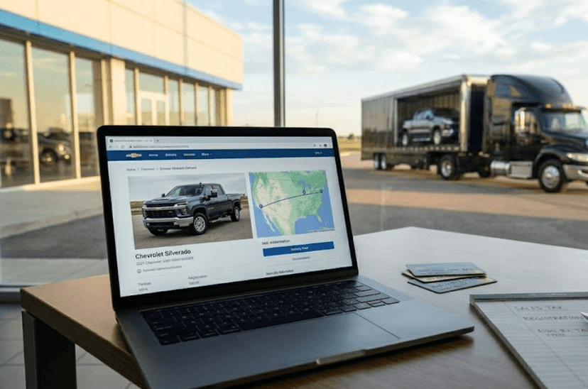 Laptop showing an online truck listing with a route map, a car carrier trailer parked outside the dealership