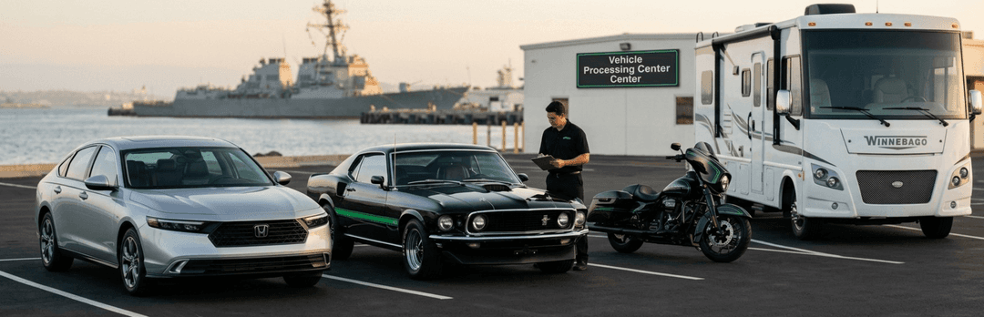 Sedan, classic muscle car, motorcycle and RV parked by a naval ship, representing special San Diego to Houston shipments