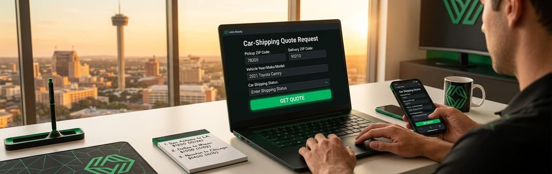Person filling in a car shipping quote request form on a laptop with the San Antonio skyline outside